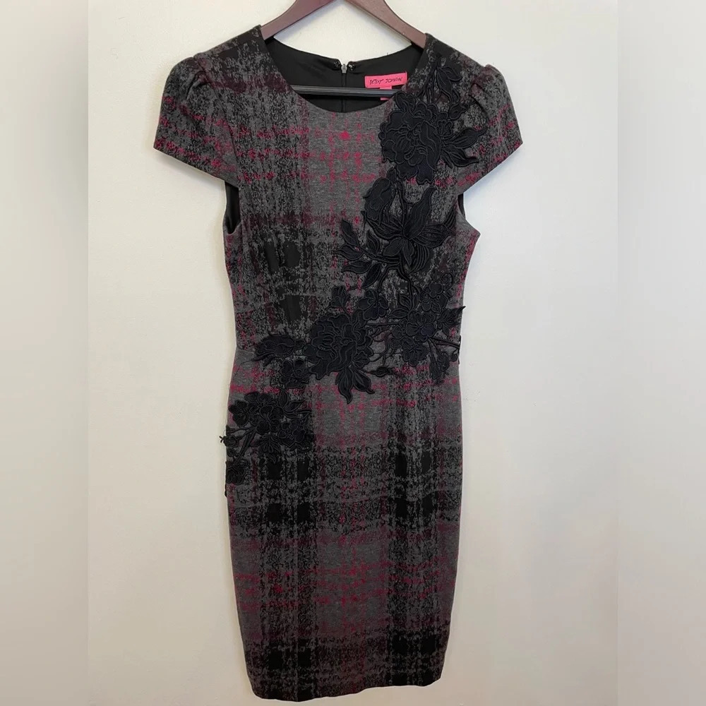 Betsey Johnson Black and Gray Midi Dress with Floral Appliqué